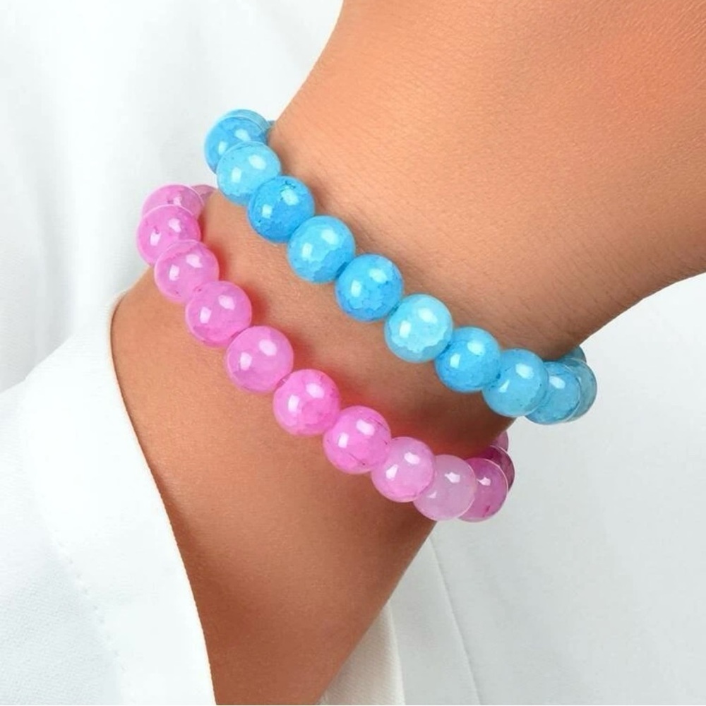 Gender Reveal Accessories Set of 2 Stretchy Bracelets - 1 Pink & 1 Blue - Picture 2 of 7
